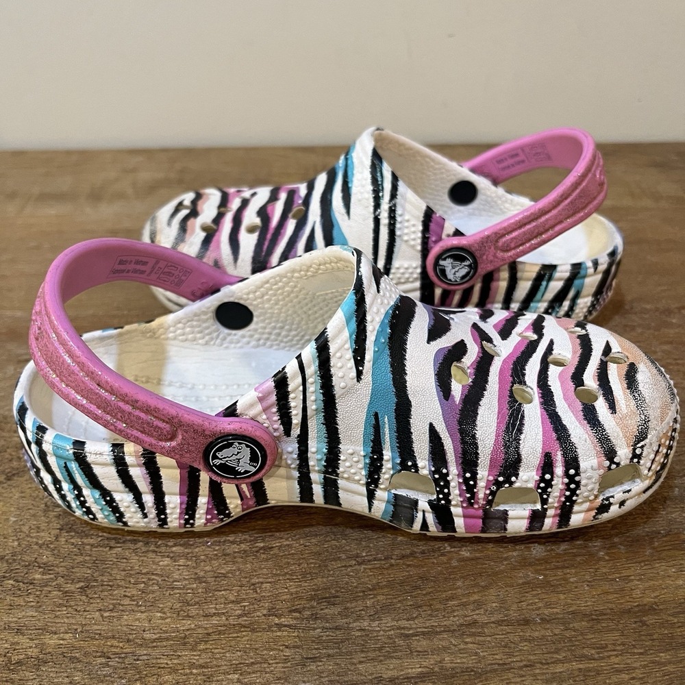 Crocs Kids C12 Classic Zebra Animal Print Clogs Pink Glitter Strap Slip On Shoes